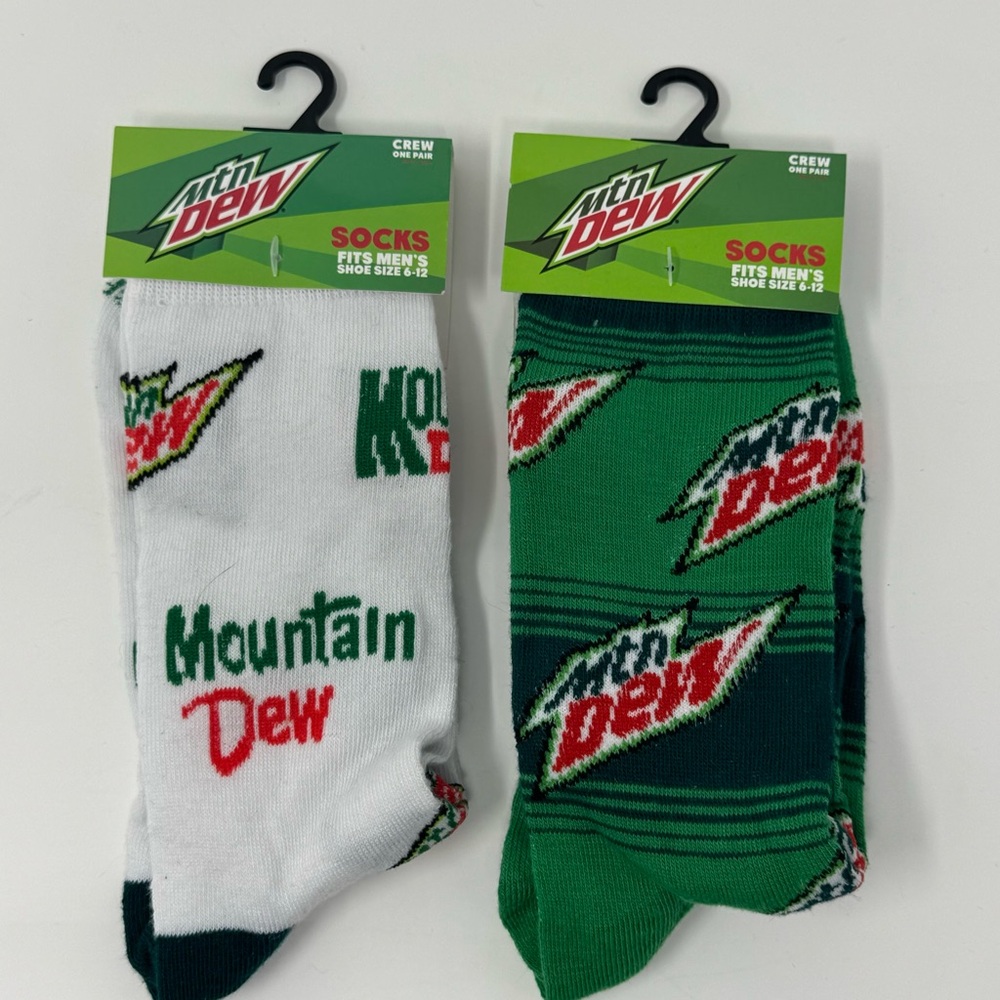 Two Pairs of Men's Novelty Mountain Dew Crew Socks - Green and White